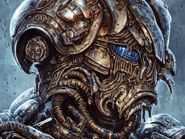 Prompt: portrait art of 8k ultra realistic undead space marine, eldritch horror, detailed intricate ornate armour,decaying, cybernetic, full of colour, cinematic lighting, battered, trending on artstation, 4k, hyperrealistic, focused, extreme details,unreal engine 5, cinematic, masterpiece, art by ayami kojima, giger