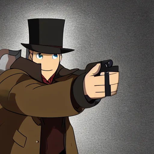 Prompt: professor layton as a real person holding a gun, 4k photograph, extreme low angle, longshot, fast shutter speed, backlighting, in the style of james bind