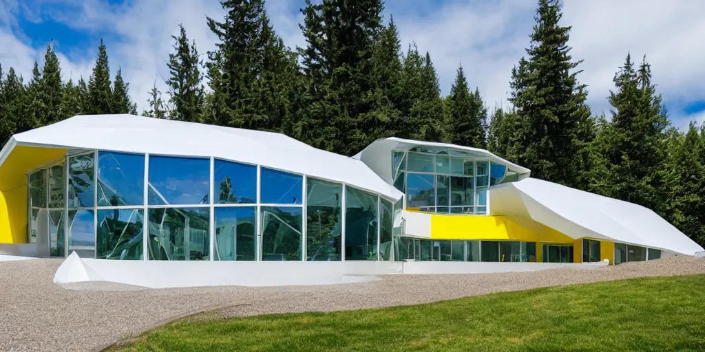 Image similar to large futuristic residence, white concrete, blue and yellow metal, many large green windows, pacific northwest, geodesic elements