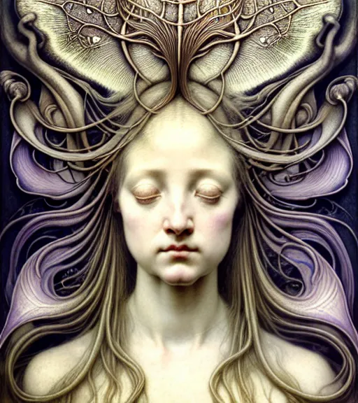 Image similar to beautiful young orchid fairy detailed realistic porcelain face portrait by jean delville, gustave dore, iris van herpen and marco mazzoni, art forms of nature by ernst haeckel, art nouveau, symbolist, visionary, gothic, neo - gothic, pre - raphaelite, fractal lace, intricate alien botanical biodiversity, surreality, hyperdetailed ultrasharp octane render