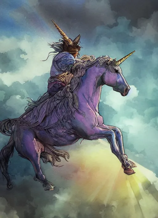 Image similar to portrait, a unicorn farting a rainbow, watercolor, dramatic lighting, cinematic, establishing shot, extremely high detail, foto realistic, cinematic lighting, pen and ink, intricate line drawings, by Yoshitaka Amano, Ruan Jia, Kentaro Miura, Artgerm, post processed, concept art, artstation, matte painting, style by eddie mendoza, raphael lacoste, alex ross