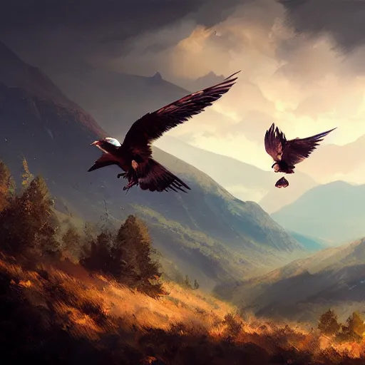 Image similar to milano bird, milvus milvus flying in avila mountains, 4 k, concept art, by wlop, ilya kuvshinov, artgerm, krenz cushart, greg rutkowski, pixiv. cinematic dramatic atmosphere, sharp focus, volumetric lighting, cinematic lighting, studio quality