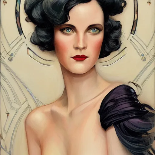 Image similar to an elegant streamline moderne, art nouveau, multi - ethnic and multi - racial portrait in the style of charlie bowater, and in the style of donato giancola, and in the style of charles dulac. very large, clear, expressive, intelligent eyes. symmetry, centered, ultrasharp focus, dramatic lighting, photorealistic digital painting, intricately detailed background.