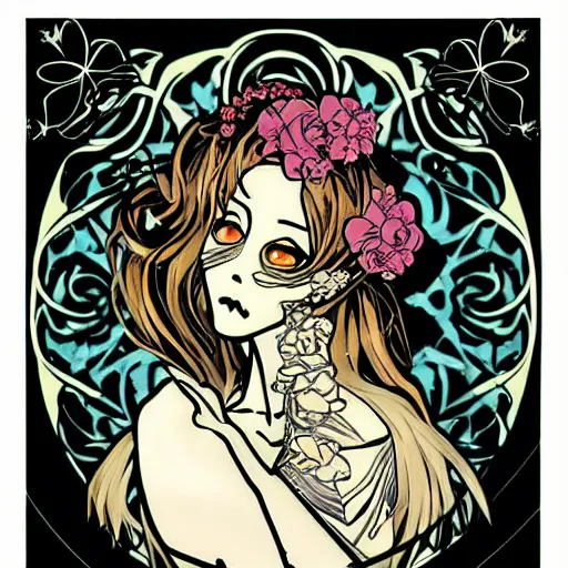 Prompt: anime manga skull portrait young woman skullmask mask fairytale comic skeleton illustration style by Alphonse Mucha pop art nouveau