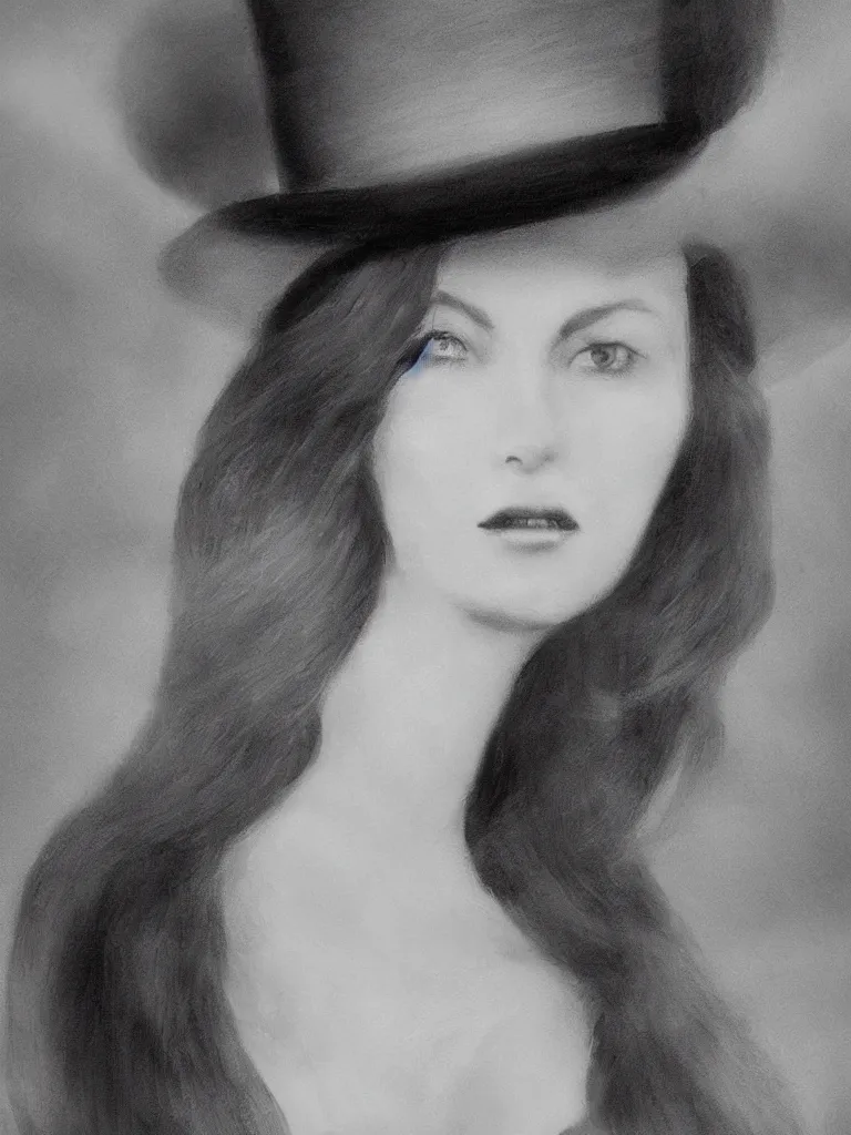 Image similar to Close up portrait of an elegant long haired lady wearing a gentleman suit and tophat in anime style, highly detailed, matte painting, noir, 70s, americana, photorealistic, ethereal ghostly atmosphere