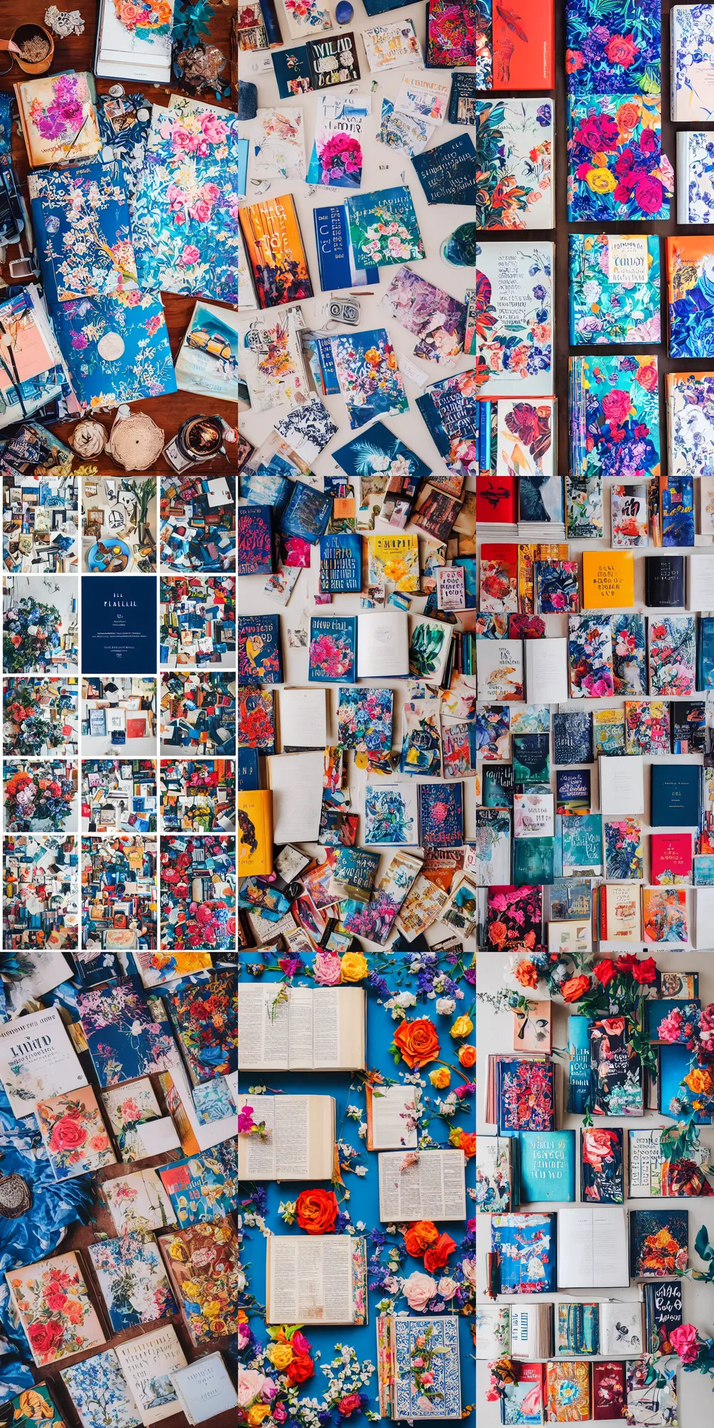 Prompt: flatlay book collection, vivid colors, dramatic lighting, maximalist, blue and white flowers