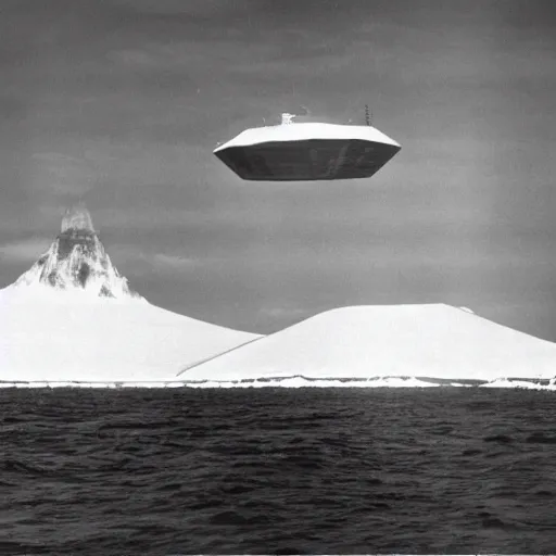 Prompt: secret photograph of nazi ufo base in antarctica, operation highjump, black and white, 4 k