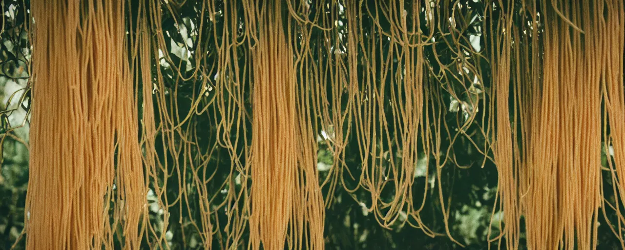 Image similar to medium angle photo of spaghetti growing on a tree, canon 5 0 mm, cinematic lighting, photography, film, retro, kodachrome