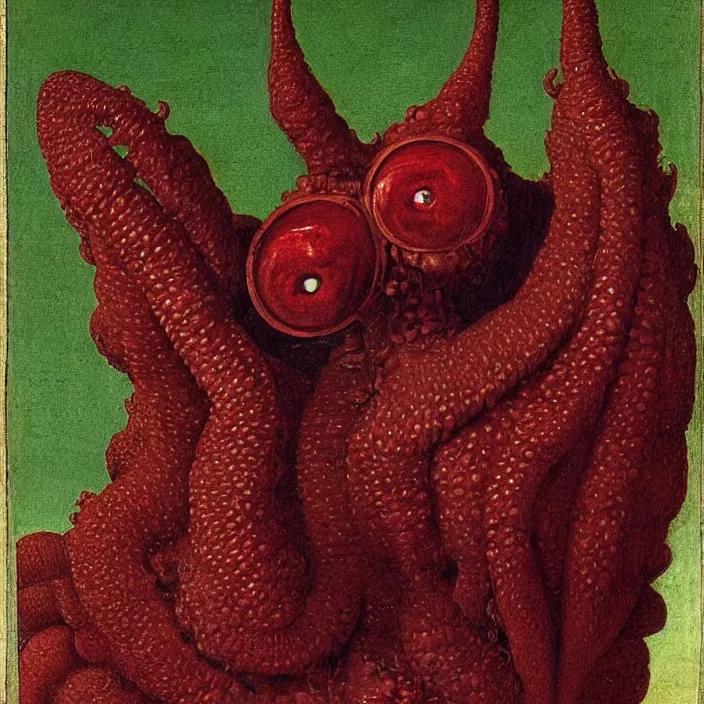 Prompt: close up portrait of a mutant monster creature with face in the shape of a colorful exotic dark red carnivorous plant, snail - like protruding eyes. by jan van eyck, audubon