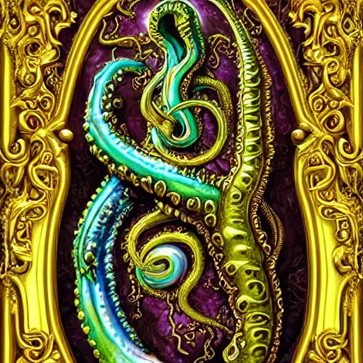 Prompt: iridescent lovecraftian surreal gigeresque melting bismuth shoggoth hourglass with baroque gold decoration and tentacle limbs in hell