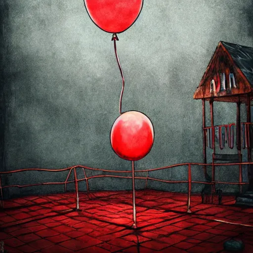 Image similar to grunge painting of a playground with a wide smile and a red balloon by tim burton, loony toons style, pennywise style, corpse bride style, rick and morty style, creepy lighting, horror theme, detailed, elegant, intricate, conceptual