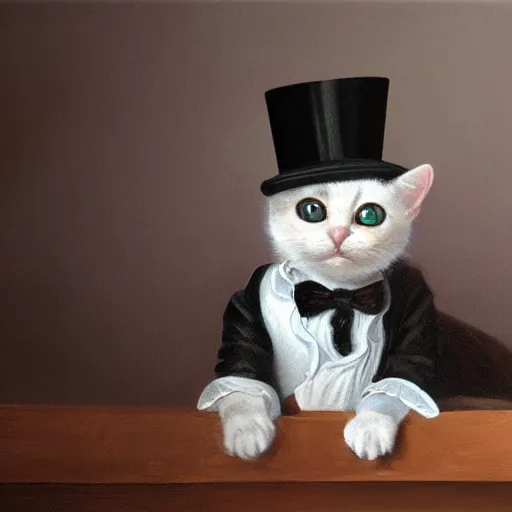 Prompt: a photorealistic, detailed, 4 k, painting of a baby cat wearing a top hat and monocle