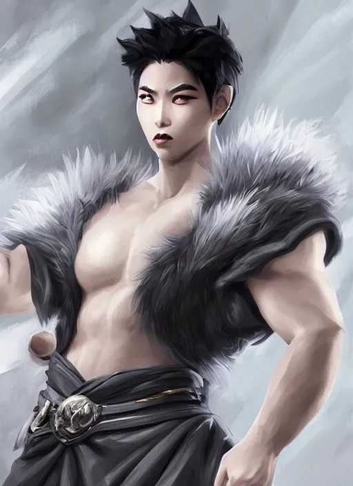 Image similar to a highly detailed illustration of fierce short white haired parted through the middle young attractive asian man, wearing hakama, with black sclera eyes, heroically posing, muscular, intricate, elegant, highly detailed, centered, digital painting, artstation, concept art, smooth, sharp focus, league of legends concept art, WLOP