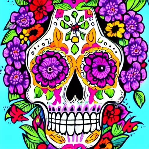 Image similar to a catrina skull covered in flowers, colorful illustration