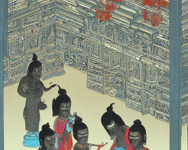 Prompt: Strange beings gathering inside the temple. Yves Tangyu.