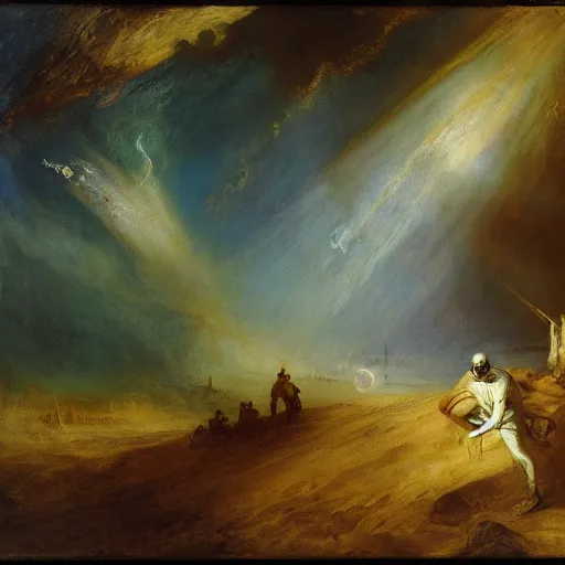 Image similar to a space expedition by william turner, by theodore gericault, by caspar david friedrich, oil painting, romantism, realism, limited palette