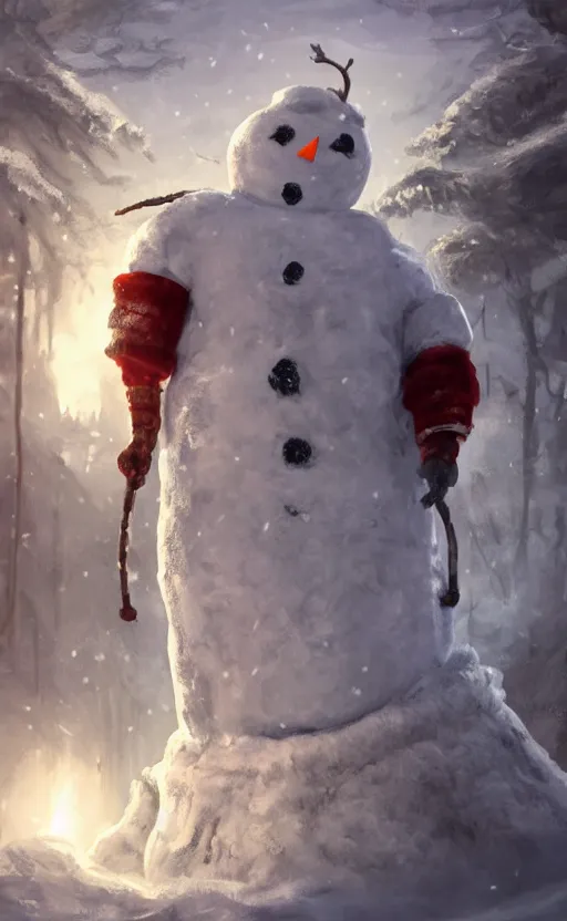 Prompt: a a full body portrait of giant jack frost the snowman in the middle of a village in the snow, dynamic lighting, photorealistic fantasy concept art, trending on art station, stunning visuals, creative, cinematic, ultra detailed