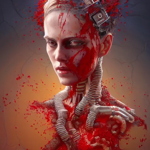 Prompt: A beautiful detailed painting of Dolores Abernathy bathing in blood, robot revolution, apocalypse, highly detailed, digital painting, artstation, cgscoiety, cinematic, intricate, smooth, sharp focus, illustration, Unreal Engine 5, concept art, 8K, art by Westworld and Esao Andrews.