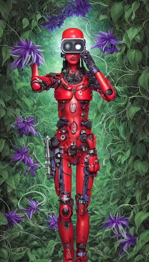 Image similar to full body head to toe portrait of a flowerpunk sci-fi cyborg spy, third person, D&D, sci-fi fantasy, intricate, red VR goggles, lily and clematis vines and sunflower, highly detailed, art by Range Murata, highly detailed, 3d, octane render, bright colors, digital painting, trending on artstation, sharp focus, illustration style of Stanley Artgerm, dramatic background