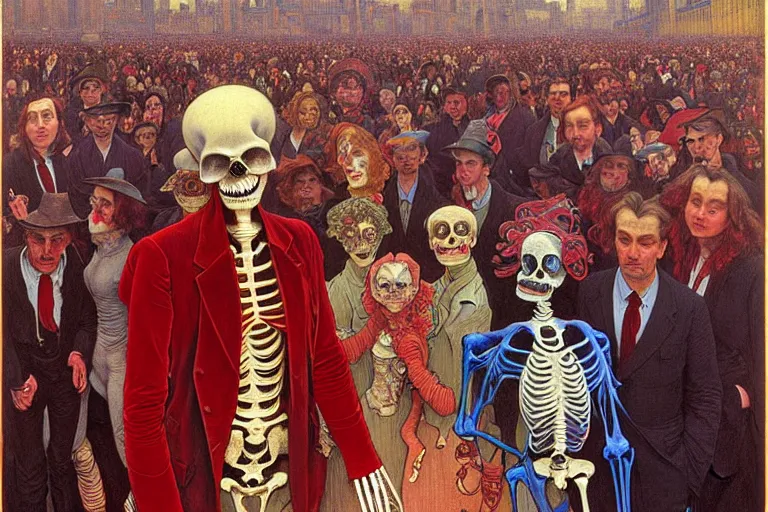 Image similar to realistic detailed portrait painting of a single skeleton wearing red velvet blazer in a crowded futuristic moscow street by Jean Delville, Amano, Yves Tanguy, Alphonse Mucha, Ernst Haeckel, Edward Robert Hughes, Roger Dean, rich moody colours, blue eyes