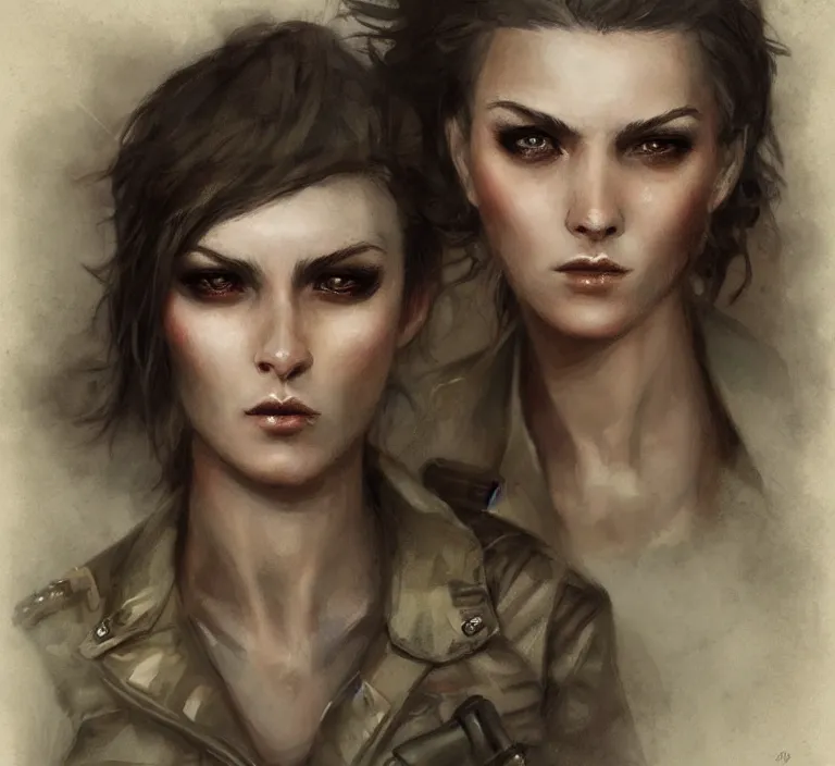 Prompt: a rugged female marine in the style of tom bagshaw