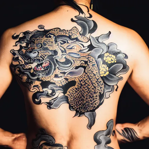 Prompt: photography of the back of a woman with a black detailed irezumi tatto representing a gold tiger with flowers, mid-shot, dark background, editorial photography