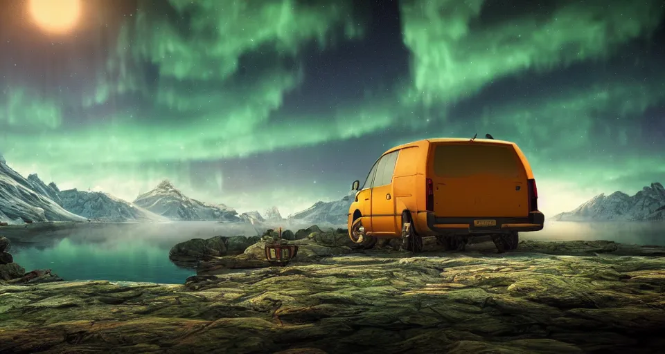 Image similar to An epic fantasy style landscape painting of a Mountainrange and a lake, with a starry sky and aurora and a Volkswagen Caddy Campervan, unreal 5, DAZ, hyperrealistic, octane render, dynamic lighting