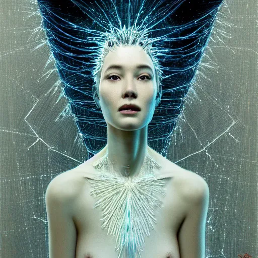 Image similar to Woman, spiky tesseract-shaped ice crystals on skin, 150mm, shiny, flat background, glowing, wires everywhere, by Edgar Maxence and Ross Tran, Zdzisław Beksiński, and Michael Whelan, distant, gustav dore, H.R. Giger, 8k, octane render