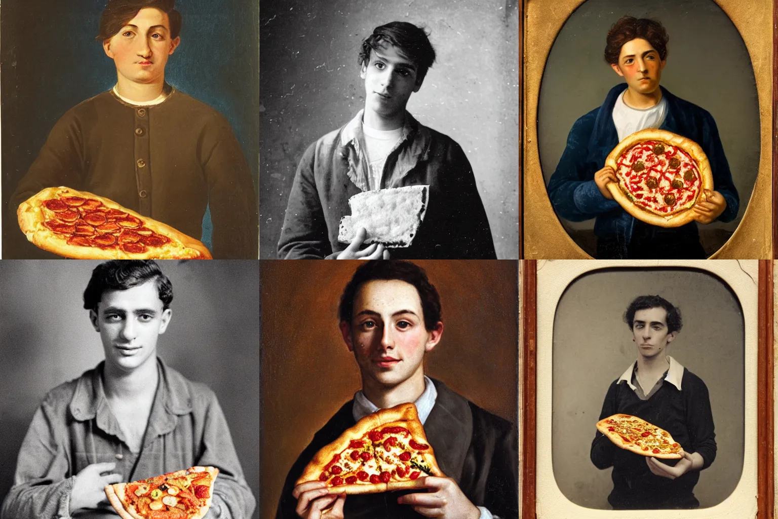 Prompt: old portrait of a young Italian man holding a slice of pizza