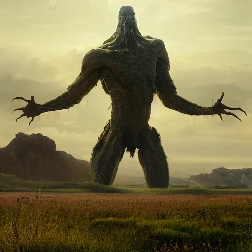 Prompt: enormous gargantuan creature with long arms and legs towering over the plains, seen from a distance, volumetric lighting, 8 k octane beautifully detailed render, post - processing, extremely hyper - detailed, intricate, epic composition, cinematic lighting, masterpiece, trending on artstation, masterpiece, stunning art by anders zorn, wonderful masterpiece by greg rutkowski, beautiful cinematic