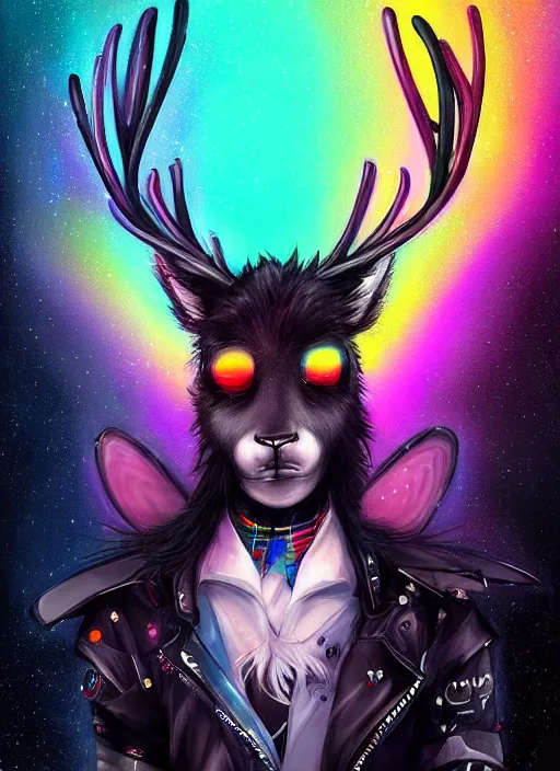 Image similar to award winning beautiful portrait commission of a male furry anthro Black Reindeer cyberpunk fursona with a tail, wings, wings, wings and a cute beautiful attractive detailed furry face wearing stylish black and rainbow galaxy clothes, outline, in a cyberpunk city at night while it rains. Character design by charlie bowater, ross tran, artgerm, and makoto shinkai, detailed, inked, western comic book art