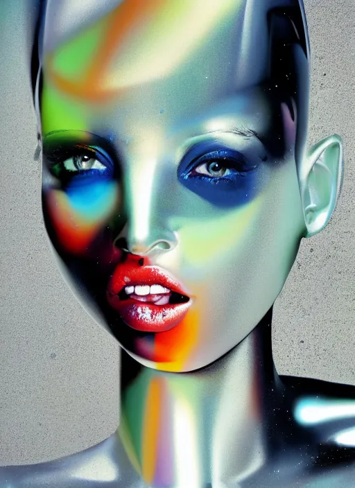 Image similar to futuristic lasers tracing, colorsmoke, fullbodysuit, pyramid hoodvisor, face cover, raindrops, wet, oiled, beautiful cyborg girl, by steven meisel, kaws, rolf armstrong, mondrian, hannah af klint perfect geometry abstract acrylic, octane hyperrealism photorealistic airbrush collage painting, monochrome, fluorescent colors, minimalist rule of thirds, eighties eros