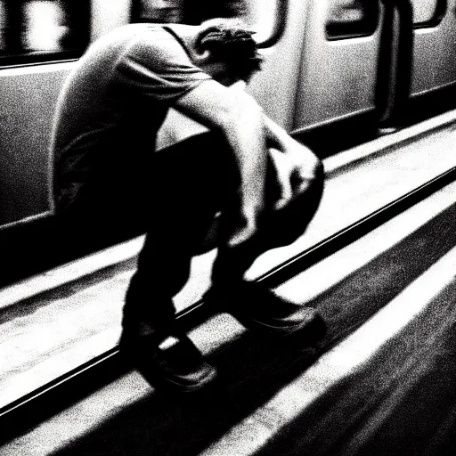 Image similar to tony hawk with his legs cut off crying on a subway train, photograph, black and white, emotional lighting, moody shadows, 4 k