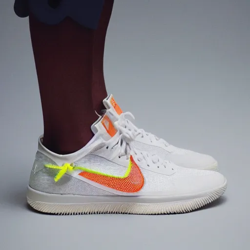 Image similar to a studio photoshoot of A Nike basketball sneaker designed by Virgil Abloh, mesh fabrics, Off-White, realistic, color film photography by Tlyer Mitchell, 35 mm, graflex