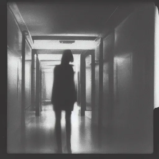 Image similar to you are lost in the backrooms, shadows, polaroid, laminal space, monster
