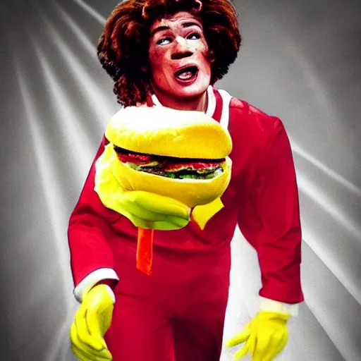 Image similar to Christiano Ronaldo as Ronald McDonald eating a hamburger