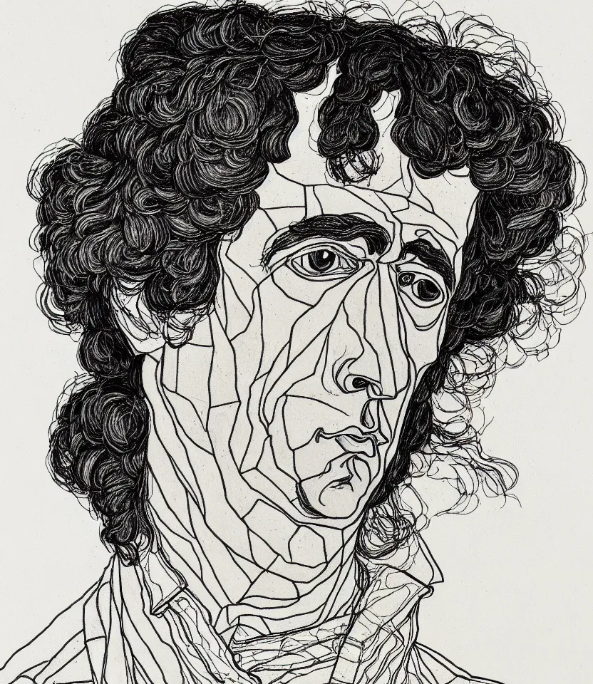 Image similar to detailed line art portrait of frederic chopin, inspired by egon schiele. caricatural, minimalist, bold contour lines, musicality, soft twirls curls and curves, confident personality, raw emotion