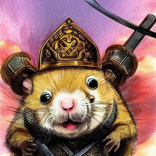 Image similar to a hamster holding a sword in the style of Berserk manga