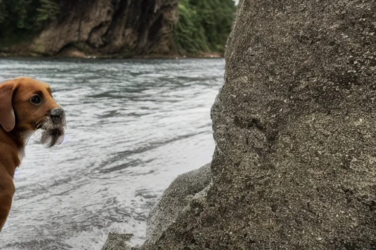 Image similar to a puppy is looking directly at the wavy water current below it while it stands at an edge of a cliff