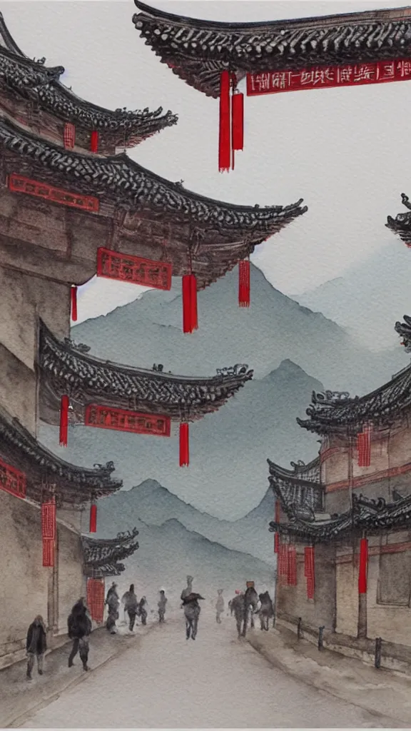 Image similar to Realistic watercolor painting of a ancient Chinese commercial street landscape,entrance of ancient Chinese city wall in the distance,foggy mountains in the background