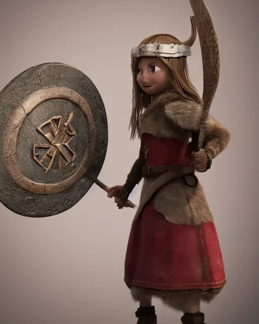 Image similar to a toy of a viking girl with her shield raised to defend, pixar style, authentic viking armor, historically accurate, clean detail, symmetrical, octane render, studio lighting