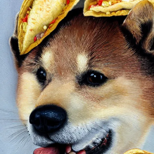 Image similar to beautiful detailed painting of a shiba inu eating a taco