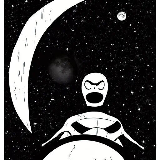 Image similar to comic White Lantern in black and white uniform in space standing infront of the moon,