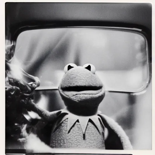Prompt: Polaroid photo of Kermit muppet smoking a cigarette, inside a 1970s RV