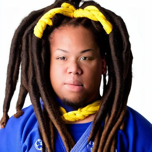 Image similar to photo of chubby black bjj athlete with long dreads posing, serious face, white belt, professional photo