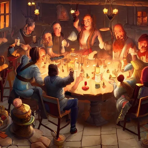 Image similar to a crowded tavern with candels on the tables, people drinking beer, fantasy art, trending on Artstation