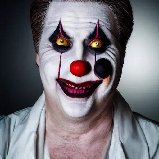 Image similar to UHD candid color photo of Craig Wright in a straight jacket, wearing accurate clown makeup, accurate faces, UHD, photorealistic, correct face, photo by Annie Leibowitz