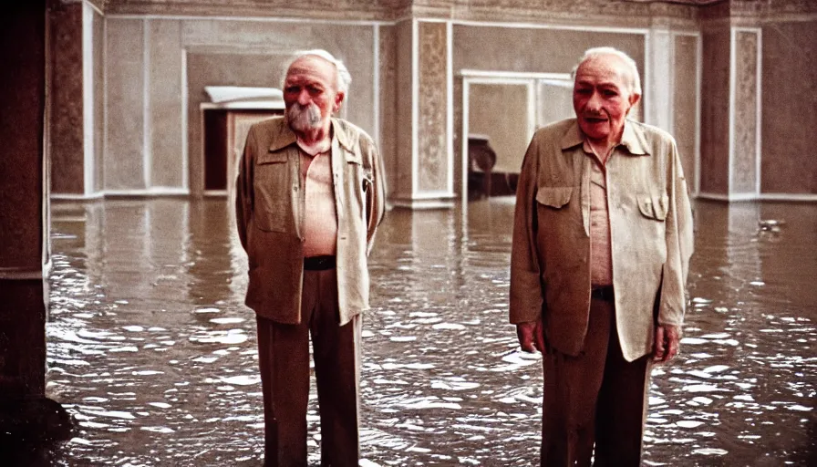 Prompt: 7 0 s movie still of an old manstanding in a soviet stalinist style palace flooded in mud, cinestill 8 0 0 t 3 5 mm eastmancolor, heavy grain, high quality, high detail