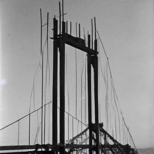 Prompt: A Rare Mid-Construction Shot Of The Golden Bridge Being Built In California, 1935