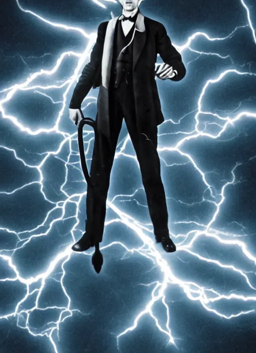 Image similar to color photograph of Nikola Tesla Nikola Tesla holding a futuristic tesla gun with lightning, futuristic, tesla coil, futuristic weapon, dynamic lightning, 4k, hyper realistic, modern photograph, digital art